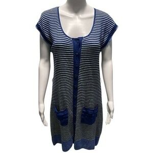 Nanette Lepore Heartbeat Blue Yellow Striped Linen Blend Dress Ruffle Pockets‎ S